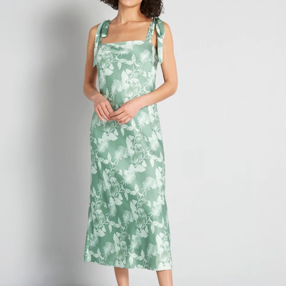 BNWT ModCloth x Hutch Green floral satin silk tie sleeve dress Sz 14